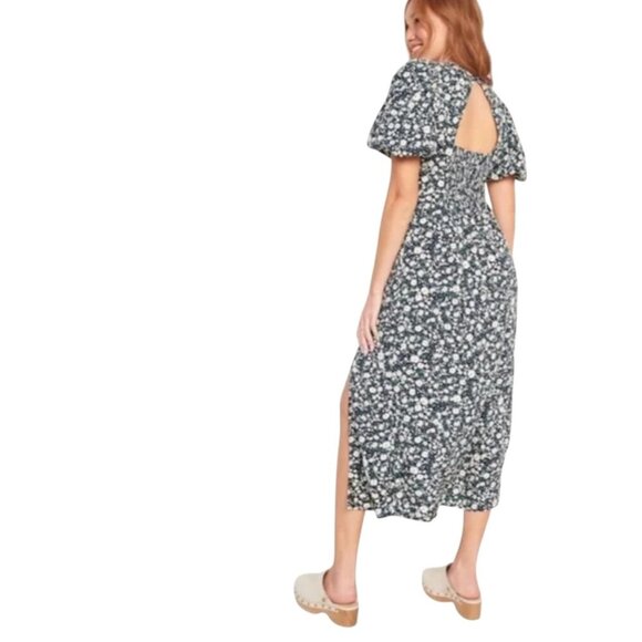 Old Navy Womens Puff Sleeve Midi Dress Size Navy Floral Side Slit Smocked S - Picture 7 of 8